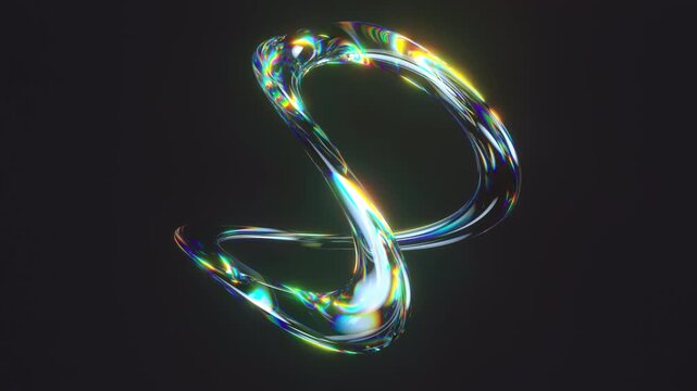 Looping 4K 3D render of a twisted transparent glass torus with neon glow, rainbow iridescence, refraction and colorful dispersion. Futuristic abstract shape for digital and tech projects.