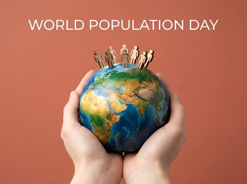 World population day concept with hands holding a globe and small figures