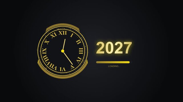 New year 2027 countdown animation with golden clock and loading bar on black backdrop.
