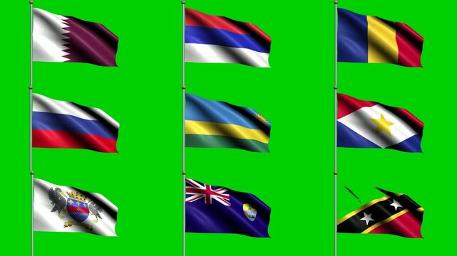 World flags wave on green screen in a varied nine-flag grid composition, showing geography, identity, culture, travel, diplomacy, and symbolism for creators, publishers, educators, and designers.