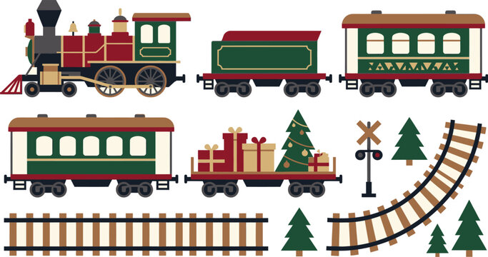 Festive christmas train set collection with various cars and tracks isolated on transparent background