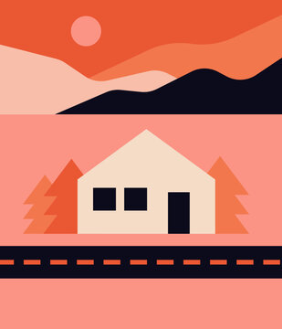 Cozy House by the Road with Mountain View at Sunset