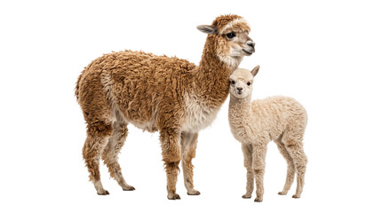 Obraz premium Brown and white alpacas, adult and baby, side by side on transparent background png.