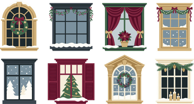 A charming collection of eight festive windows decorated for the holidays isolated on transparent background