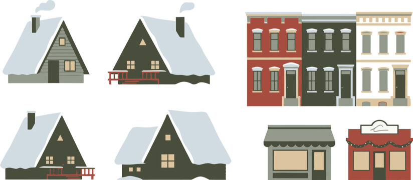 Charming collection of illustrated houses festive winter homes and cozy buildings isolated on transparent background
