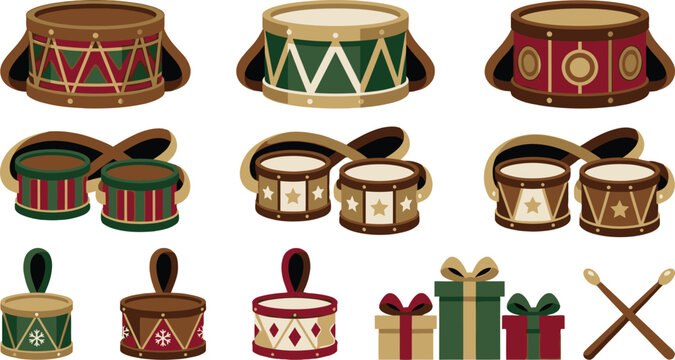 A festive collection of vintage drums gifts and percussion instruments isolated on transparent background