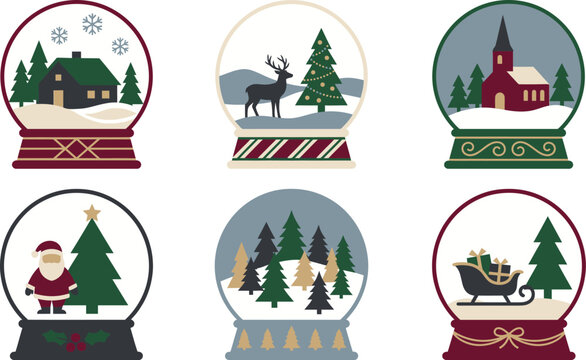 Charming collection of six vintage christmas snow globes festive holiday decorations isolated on transparent background