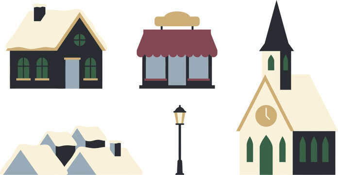 Charming collection of illustrated buildings and a street lamp isolated on transparent background