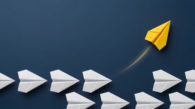 Yellow paper plane soaring upward and changing direction away from a group of white paper planes on a dark blue background, symbolizing leadership, business innovation, and individual success.