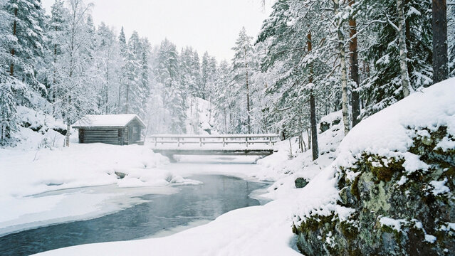 A serene winter landscape in Finland featuring a small wooden log cabin by a partially frozen stream, a wooden bridge, and snow-covered pine trees under a cold, overcast sky.