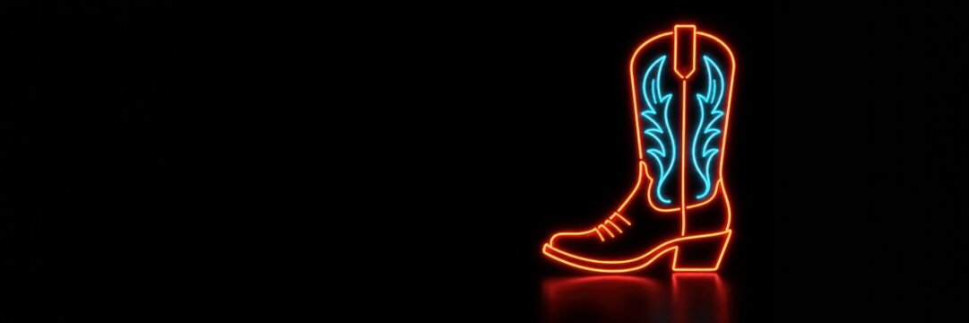 Neon cowboy boot for western advertising banner with copy space