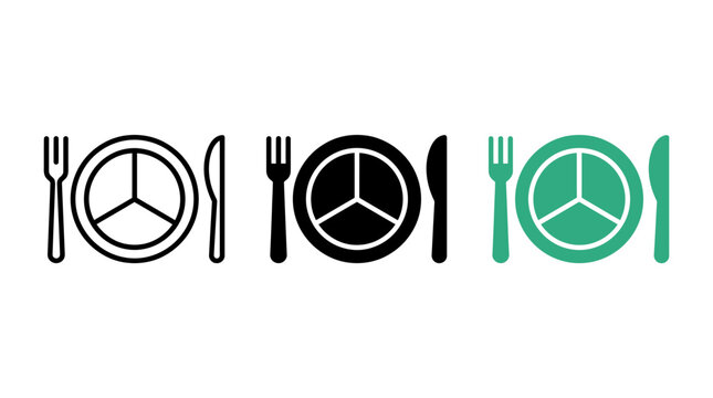 Portion control icon design set with segmented plates, forks, and knives vectors