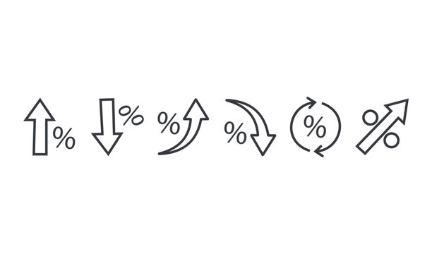 Set of hand drawn percentage icons with arrows indicating increase, decrease, growth, and fluctuation isolated vector