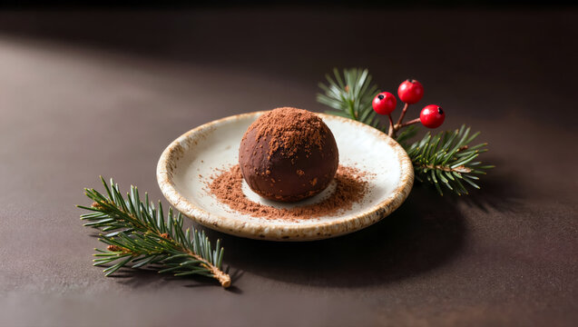 Christmas chocolate truffle dusted with cocoa on a ceramic plate beside evergreen sprigs and red berries in an elegant festive dessert scene