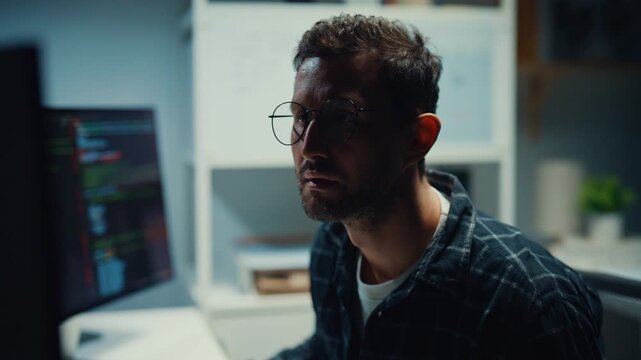 Young Caucasian male programmer write code on computer in home office at late night. AI technology, cybersecurity, software developer, freelance innovation, database system, digital network concept.