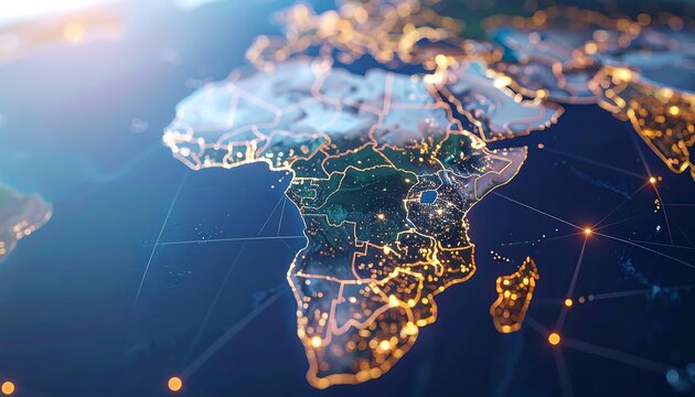 Glowing interconnected digital map of Africa with golden city lights and networking nodes in deep blue space