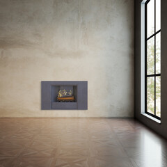 Obraz premium Modern bright living room lounge interior with fire place 3D rendering illustration