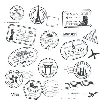 Vector set of black international travel passport stamps with world famous landmarks and postmarks isolated on white background