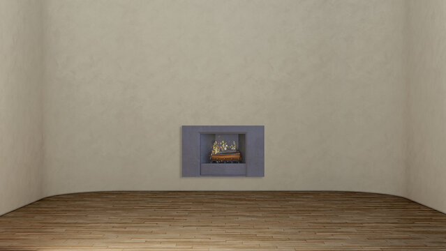 Modern bright living room lounge interior with fire place 3D rendering illustration