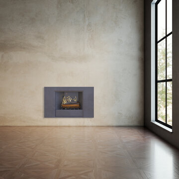 Modern bright living room lounge interior with fire place 3D rendering illustration