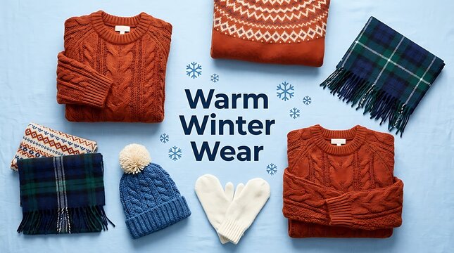 Flatlay composition of cozy winter clothing including warm knit sweaters scarves and hats on a blue background