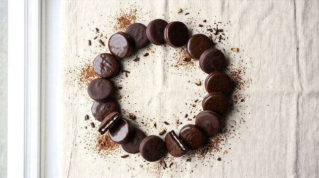 A top view arrangement of chocolate covered oreo cookies forming a circle with cocoa powder on fabric