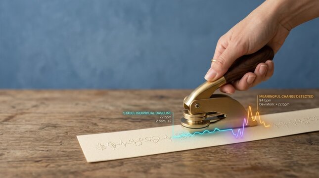 Person Hand Using Electric Stapler to Fasten Paper Receipt with Colorful Heartbeat Line on Blue Wall Background