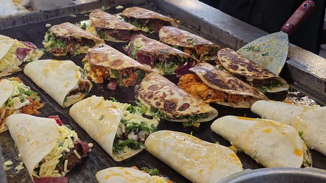 Mexican Tacos and Quesadillas Cooking on Large Flat Top Griddle Grill