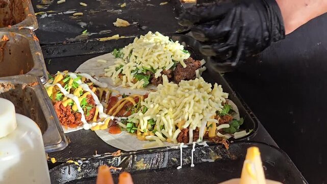 Close-up of a food vendor wearing black gloves topping freshly assembled Mexican tacos and tortillas with generous amounts of shredded cheese.