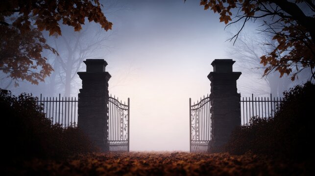 A misty scene features a grand gate framed by trees and fallen leaves, evoking mystery
