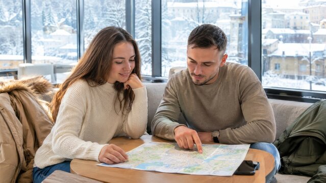 Young couple planning a winter trip together with a map beside a snowy city view
