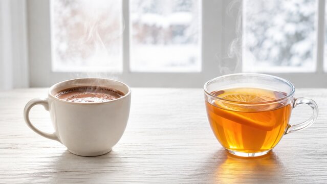 Hot chocolate and citrus tea steaming beside snowy window in bright cozy winter setting