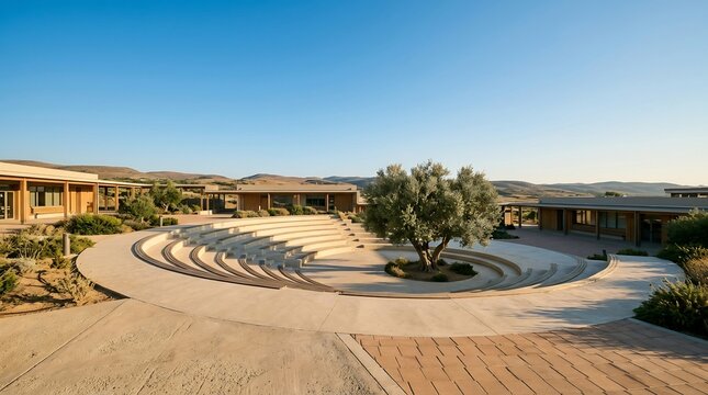 Outdoor amphitheater with central olive tree at modern university campus courtyard, minimalist sustainable architecture for open-air education and knowledge exchange.
