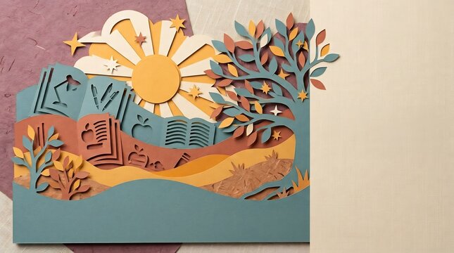 Paper cut art tree of knowledge with open books and radiant sun, symbolizing education, learning, creative wisdom, and academic growth.