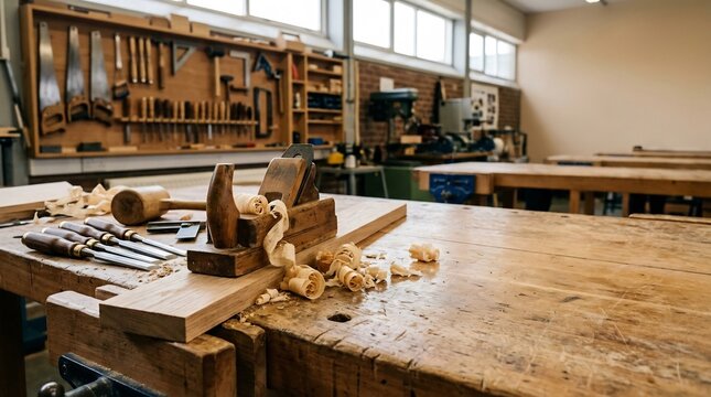 Carpentry workshop with wooden hand plane, chisels, and wood shavings on workbench, representing craftsmanship, vocational training, and woodworking skills.