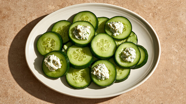 Sliced cucumber with cottage cheese on a white plate on a beige table  