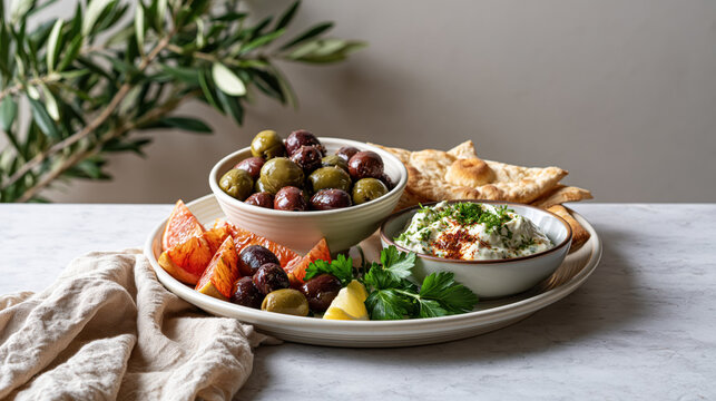 Mediterranean appetizer plate olive hummus dip pita bread citrus herb snack lunch