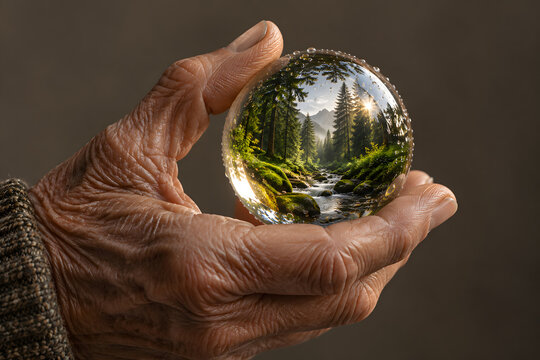 Elderly hands holding glass sphere with miniature green forest and river reflection, nature conservation concept