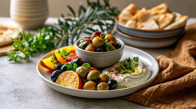 Mediterranean appetizer olive citrus herb dip plate snack gourmet snack food fresh parsley yogurt cheese assorted antipasto cuisine lunch dinner vegetarian vegan healthy rustic ceramic bowl bread