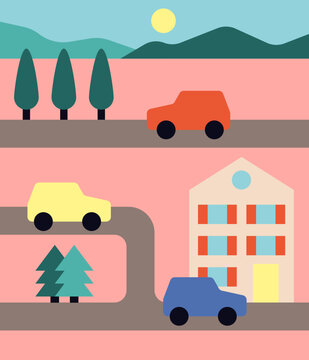 Minimalist Road Scene with Cars, Building and Trees in Sunlight