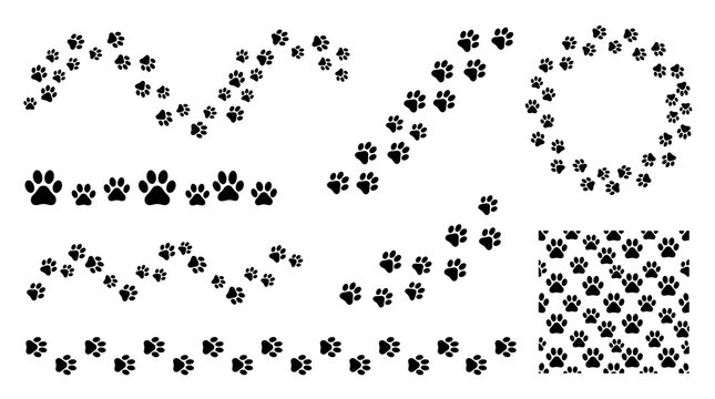 Cute Cat and Dog Paw Print Walking Trail Collection with Pet Footprints, Animal Tracks, Cartoon Silhouettes and Seamless Pattern Elements