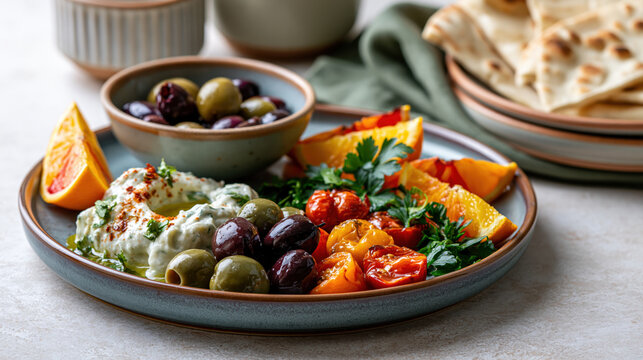 Mediterranean appetizer plate colorful vegetable olive roasted tomato citrus slice fresh herb yogurt dip ceramic plate healthy snack vegetarian food