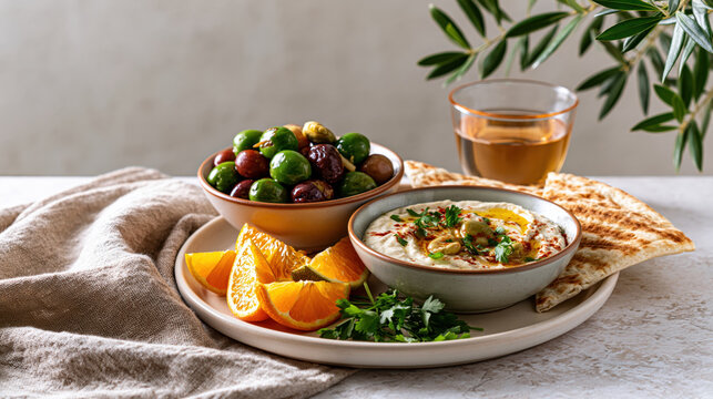 Mediterranean snack plate hummus olive pita bread orange appetizer dip herb citrus glass
