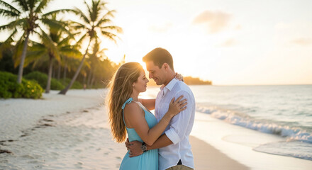 Fototapeta premium A loving couple embraces on a tropical beach at sunset, symbolizing romance, vacation, and serene connection