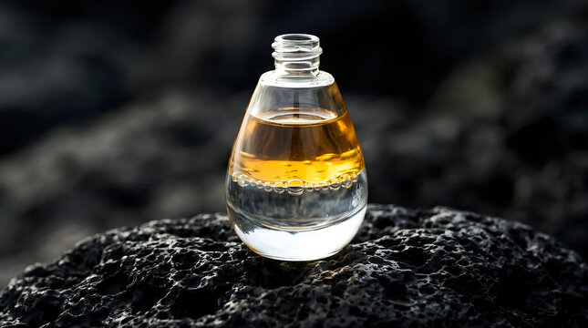 Skincare Branding Essential Oil Bottle On Volcanic Rock