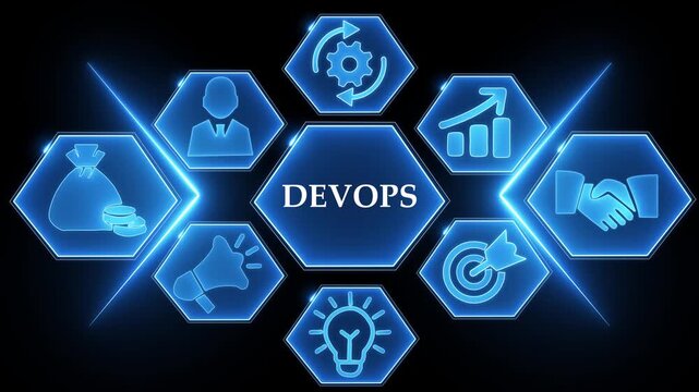 Dev Ops concept with glowing blue hexagonal icons on dark background DevOps development
