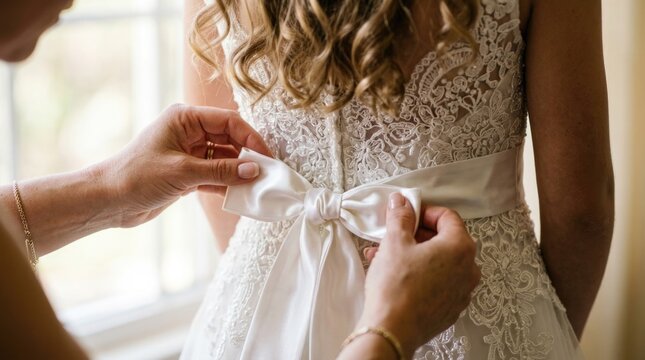 Communion dress preparation: silk ribbon, lace gown, sacred celebration, family ritual, church ceremony, holy sacrament, elegant attire, spiritual milestone.