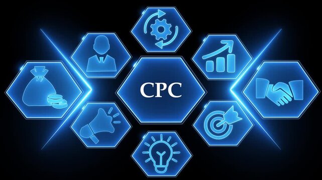 Blue CPC Hexagon Infographic with Business Icons and Dark Bokeh Background cost per click marketing