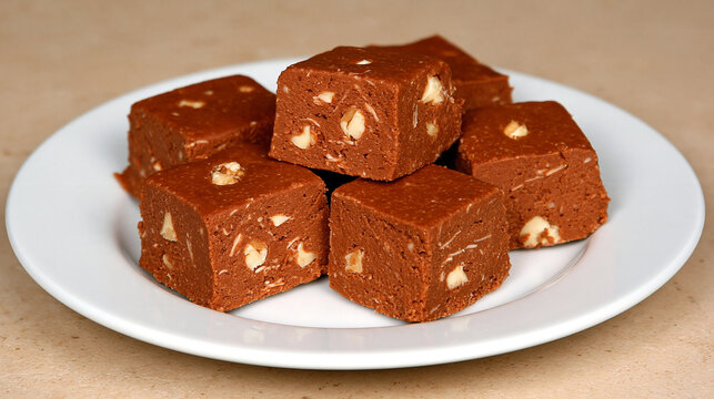 Pieces of chocolate fudge with nuts stacked on a white plate  