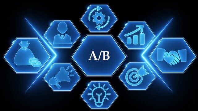AB Testing Concept Hexagonal Icons with Blue Neon Glow on Dark Background split testing experimentation